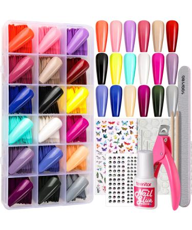 Teenitor Long Coffin Nails Full Cover Color Coffin Nail Tips  18 Colors Long Coffin Press On Nails Long Glue On Nails Long Press On Nails Coffin Fake Nails  12 Sizes Long Press On Coffin Nails With Nail Glue  Acrylic Nai...