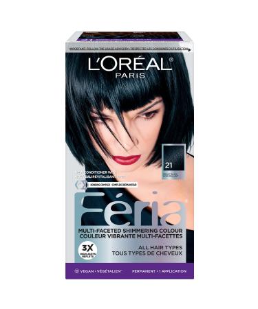 L Or al Paris Feria Multi-Faceted Shimmering Permanent Hair Dye 21 Bright Black Permanent Hair Color for Long Lasting Hair Dye with Bonding Complex Conditioner Pack of 1 (Packaging May Vary) Bright Black BLACK