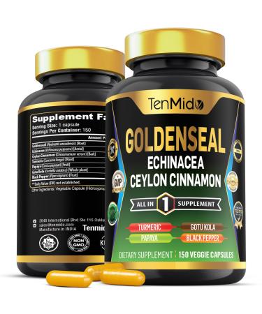 Tenmido Goldenseal Root Supplement - 7in1 Formula - Combine with Echinacea Ceylon Cinnamon Turmeric Papaya Gotu Kola & Black Pepper - Digestive Health Support - 150 Capsules for 5 Months Supply