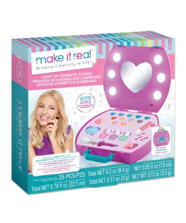 Make It Real - Light-Up Cosmetic Kit - Kids Makeup Case with Mirror and Lights for Girls and Tweens - Includes Eyeshadow, Nail Polish, Blush, Lip Gloss, Nail File, Makeup Brushes