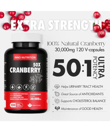 Cranberry 50X Extract 120 Vegetarian Capsules dmannose UTI urinary tract infection bladder control women probiotic cranberry concentrate Allergen-Free Non-GMO Canada Made - Buy Online on GoSupps.com