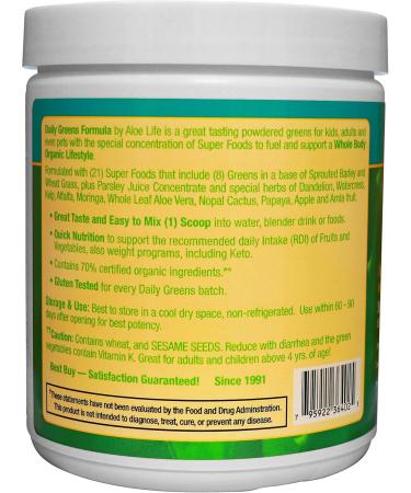 Aloe Life - Daily Greens Powder QAI-Certified Organic Health Supplement Antioxidants 21 Fruits Veggies & Herbs Including Aloe & Nopal Cactus Low-Calorie Keto-Friendly Gluten-Free (30 Servings) - Buy Online on GoSupps.com
