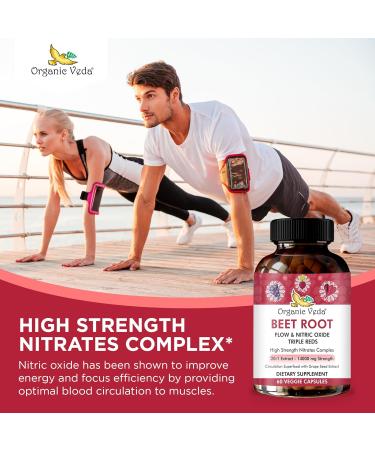 Buy Organic Veda Beet Root Triple Reds - 14000mg Nitric Oxide Supplement with Beetroot Pomegranate & Red Spinach | 60 Capsules for Enhanced Blood Flow & Energy - Buy Online on GoSupps.com