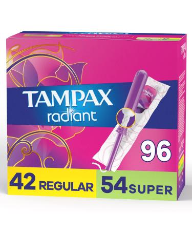 Tampax Radiant Tampons Duo Pack, Regular/Super Absorbency, 96 Count, BPA-Free Plastic Applicator and LeakGuard Braid, Unscented, 96 Count
