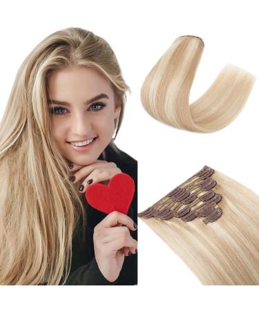 Elailite clip in Extensions Real hair 40cm Remy hair extension for complete hair 130g 8 tresse 18 clips remy hair #18p613 ashblond mix blonde blonde 40cm-15g #18p613 ashblond mix bleach blonde