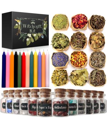Witchcraft Supplies Kit for Spells, 48 PCS Witch Box Include Dried Herbs, Crystal Jars, Colored Candles, Parchment. Wiccan Supplies and Tools, Beginner Witchcraft Kit Witch Stuff for Pagan, Rituals