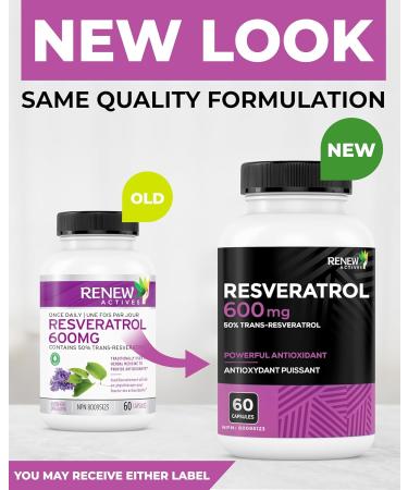 Renew Actives Resveratrol Supplement 600mg per Serving - High-Potency Antioxidant Complex with 50% Trans-Resveratrol Supports Cellular Health & Longevity - Made in Canada 60 Vegan Capsules - Buy Online on GoSupps.com