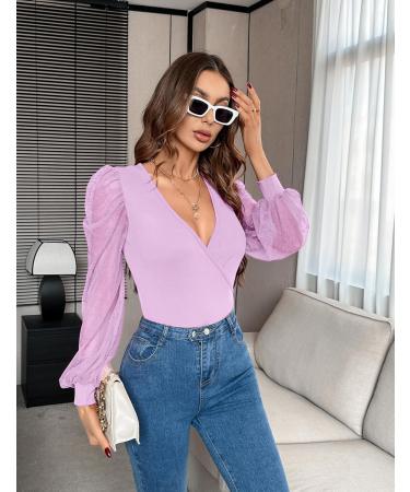 Fayenne Womens Tops Deep V Neck Cross Wrap Sexy Tops Polka Dot Mesh Long Sleeve T Shirt Casual Blouses S Lilac Purple - Buy Online on GoSupps.com