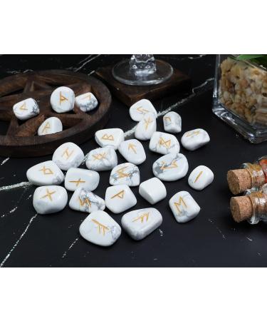 Crocon Howlite Rune Stones Set - Engraved Elder Futhark Crystal Runes for Reiki Healing and Meditation | Chakra Balancing Stones for Beginners - Includes Crystal Guide & Pouch | 15-20mm - Buy Online on GoSupps.com