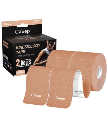 CKeep Kinesiology Tape (2 Rolls), Original Cotton Elastic Premium Athletic Tape,33 ft 40 Precut Strips in Total,Hypoallergenic and Waterproof K Tape for Muscle Pain Relief and Joint Support Beige