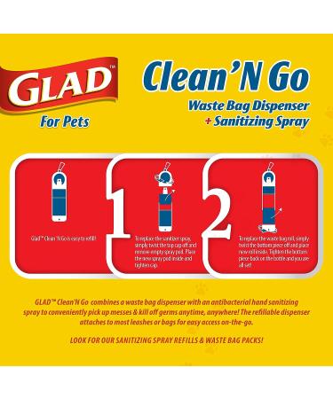 Glad for Pets Clean & Go Waste Bag Dispenser with Antibacterial Aloe Hand Sanitizer Spray - 15 Bags, Tropical Breeze Scent | Poop Bag Holder & Mini Hand Sanitizer - Buy Online on GoSupps.com