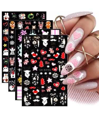 3D Embossed Christmas Nail Art Stickers Decals 4 Sheets 5D Self-Adhesive Red Heart Snowflake Winter Nail Supplies Nail Art Design Decoration Accessories