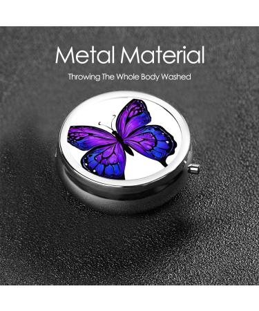 Purple Butterfly Printed Round Pill Box - 3 Compartment Portable Organizer for Travel | Mini Decorative Pocket Pill Case - Buy Online on GoSupps.com
