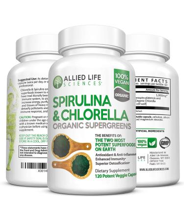 Allied Life Organic Spirulina and Chlorella Superfood Capsules - 120 Count Pack - Vegan Protein Powder with Chlorophyll - Green Superfood Supplement - Buy Online on GoSupps.com