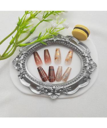 Fall Press on Nails - Medium Coffin Brown Gradient with Maple Leaf Designs | 24Pcs Acrylic Glitter Nails for Thanksgiving | Glossy Glue on Fake Nails for Women - Buy Online on GoSupps.com