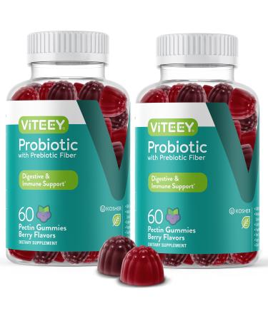 Probiotics Plus Prebiotics Fiber Gummies, Extra Strength 2 Billion CFUs for Immune Support and Digestive Support, Dualbiotic Vegan and Pectin Chewable Gummy, for Men Woman Teens & Kids, Berry Flavor 60 Count (Pack of 2)
