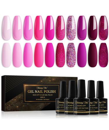 Shining She Gel Nail Polish 10 Colors Purple Pink Rose Shimmer Glitter Gel Polish Kit Soak-Off UV/LED Nail Polish Gel Gift for Nail Art Salon DIY Home 8ML Purple Rose