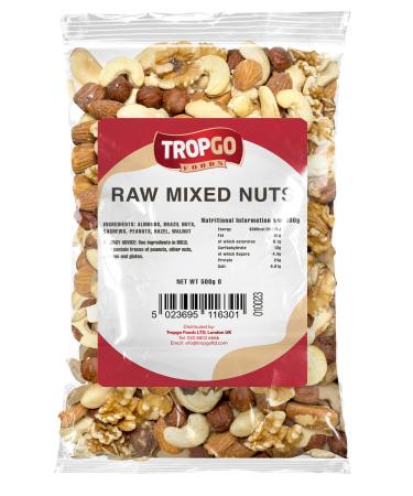 Tropgo Raw Mixed Nuts 500g Unsalted Nut Mix Freshly Packed Healthy Nuts with Fiber Protein Minerals Perfect as a Snack Contains Almonds Brazil Nuts Cashew Nuts Peanuts Hazelnuts