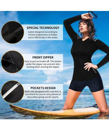 CtriLady Women's 2mm Neoprene Wetsuit Top with Long Sleeves and Zipper Pockets | Black Medium | Ideal for Swimming, Diving, Surfing, and Boating - Buy Online on GoSupps.com