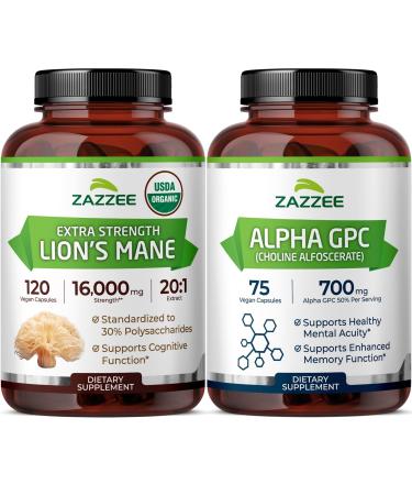 Zazzee Alpha GPC and Organic Lions Mane Supplement Capsules | Alpha GPC Choline Plus High Potency Lions Mane Extract | Nootropic Brain Support Bundle