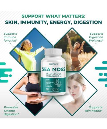 SEA Moss Black Seed Oil Ashwagandha Ginger 16-in-1 Formula - with Burdock Bladderwrack Turmeric Non-GMO Gluten-Free Soy-Free 150 count (pack of 1) - Buy Online on GoSupps.com
