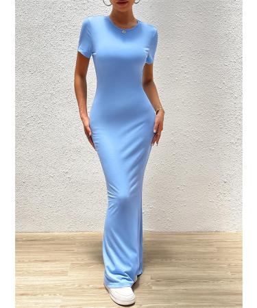 Maxi Dress for Women Short Sleeve Solid Color Round Neck Sexy Soft Elegant Long Bodycon Dresses M Blue - Buy Online on GoSupps.com