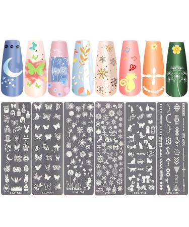 NICENEEDED Nail Art Stamping Plates Image Template Included 6 Pcs Nail Plates Nail Stamp Templates with Animals Cat Butterfly Bunny Dandelion Christmas Patterns Image Plates for DIY Nail Design Style 1
