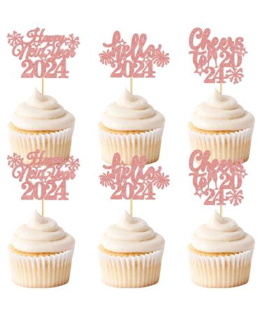 Keaziu 24 Pcs Happy New Year Cupcake Toppers Cheers to 2024 Picks Hello 2024 Cupcake Toppers for Congratulations 2024 Happy New Year Eve Holiday Theme Holiday Party Decoration Hello Pink