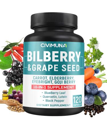 CIVIMUNA Bilberry Extract Capsules with Grape Seed Carrot Elderberry Eyebright Goji Berry and More - 120 Capsules for 4 Months Supply