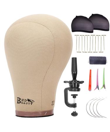BHD BEAUTY Cork Canvas Block Mannequin Head Wig Display Styling With Mount Hole 22"(Canvas Head+Head Stand+T Pins+C Needles+Wig Caps+Thread +Clips) 22 Inch (Pack of 1)