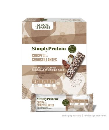 Simply Protein - Chocolate Coconut Crispy Bars - Plant Based Protein Bars - Low Carb Low Sugar High Fibre - 12g Protein 2g Sugar 7g Fibre - Vegan Gluten Free Non GMO Kosher - 12 Bars Chocolate Coconut 12 Count (Pack of 1)