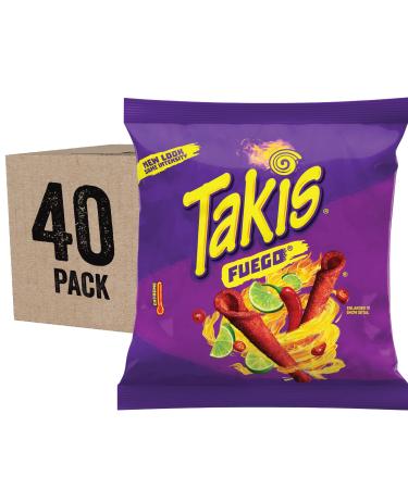 Takis Fuego Rolled Tortilla Chips, Hot Chili Pepper and Lime Artificially Flavored, Box of 40 Individual Bags, 1 Ounce Each, Net Weight 2 Pounds 8 Ounces (1.13 Kilograms) Rolled Fuego 1 Ounce (Pack of 40)