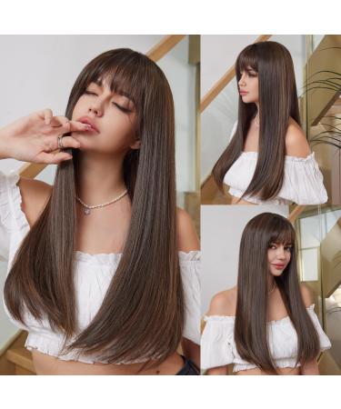 HAIRCUBE Long Natural Black Wigs for Women with Highlights Straight Wigs with Fringe for Daily Black with Highlights