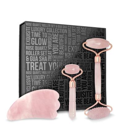 Rose Quartz Face Roller with Gua Sha and Jade Eye Roller-Face Roller Skin Care-Jade Roller for Face  Neck  Body Jade Roller Gua Sha Set Jade Face Roller