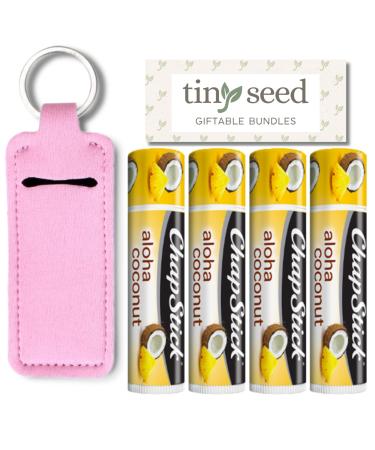 Set of 4 Lip Balms in Aloha Coconut Flavor from Chapstick Plus Bonus Lip Balm Holder Keychain (Pink). Limited Edition Flavor from the Tropical Paradise Collection Unique Gift Bundle from Tiny Seed