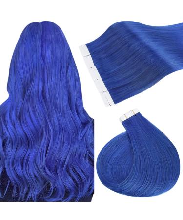 Ugeat Tape in Hair Extensions Human Hair,24Inch #Blue Human Hair Tape in Extensions Real Colorful Straight Human Hair Tape in Extensions 25G/10Pieces Invisible Tape in Hair Extensions Remy Hair 24 Inch #Blue