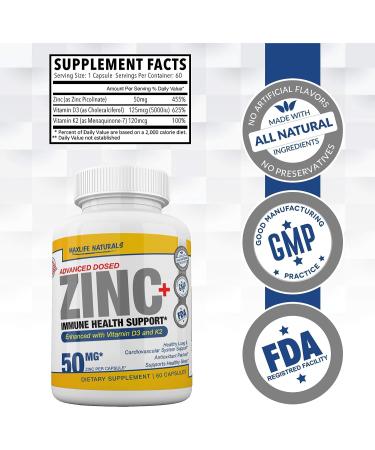 Zinc Picolinate 50mg with Vitamin K2 MK-7 + D3 5000 IU | Non-GMO, Easy-to-Swallow Zinc Supplement - Buy Online on GoSupps.com
