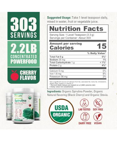 biophix Organic Spirulina Powder 2.2 lb Black Cherry Flavor - Protein-Rich Nutrient-Dense Superfood - Powerful Antioxidant - Supports Immune Health - Buy Online on GoSupps.com