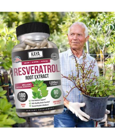 Kaya Naturals - Resveratrol Capsules - Anti Aging Supplement - Antioxidants with Brain Support - Maximum Benefits - 180 Veggies Capsules - Buy Online on GoSupps.com