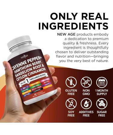 NEW AGE Cayenne Pepper Capsules Supplement with Hawthorn Berry Dandelion Root Ceylon Cinnamon Garlic Ginger ACV Milk Thistle Beet Root Aloe Vera - 120 Count 60 Count (Pack of 2) - Buy Online on GoSupps.com