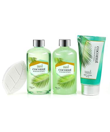 Coconut Spa Bath and Body Set in Modern Wood Round Holder - Shower Gel, Bubble Bath, Body Lotion & Bath Bomb Fizzer - Relaxation Home Spa Gift Basket for Women - Buy Online on GoSupps.com