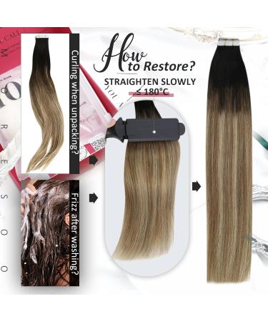 Shop Moresoo Tape Extensions - Real Hair Balayage 45cm #1B/6/22 - 20 Pieces 50g - Natural Black to Medium Brown with Blonde Highlights - Buy Online on GoSupps.com