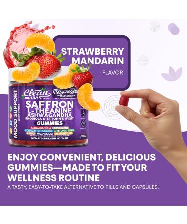 AuraZen Mood Support Saffron Gummies L-Theanine Ashwagandha Rhodiola St John's Wort Lions Mane GABA Vitamin D Magnesium Supplement | Calm Vegan Plant-Based Herbal Gummy by Clean Nutra - Buy Online on GoSupps.com