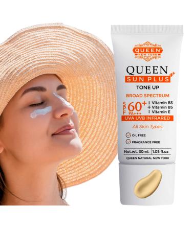 QUEEN SUN PLUS | TONE UP Sunscreen SPF 60 Primer-Anti Aging  Face Moisturizer- Vitamin B3  B5  E- Non-Greasy  Silky Touch  Instant dry-oil free  fragrance free by QUEEN NATURAL NEW YORK (Pack of 1)