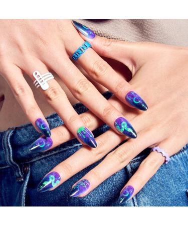 GLAMERMAID Press on Nails - Medium Almond Halloween Deep Blue Emo Fake Nails | Ombre Dark Purple Gothic Snake Gel Nails | Reusable Acrylic False Nails Kit for Women - Buy Online on GoSupps.com