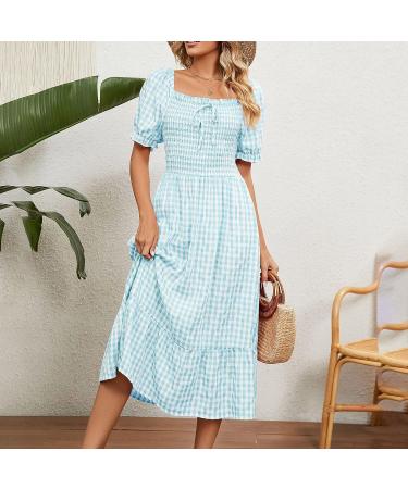 2023 Women's Casual Ruffle Sundress | Smocked Flowy Maxi Dress | Square Neck Plaid | Pink X-Large - Buy Online on GoSupps.com