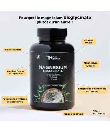 Magnesium Bisglycinate + Taurine & Vitamin B6 High Absorption 320 mg Anti-Stress + Sleep Fatigue Bone Health Muscles Nervous System 120 French Brand Vegan Capsules Team Nutrition - Buy Online on GoSupps.com