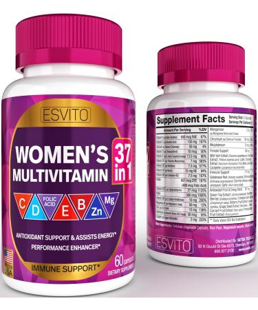 Multivitamin for Women 37 in 1 - Immune Energy & Stress Support- Daily Vitamins for Women with Vitamin C Vitamin B12 B6 Vit D3 E Folic Acid Zinc Magnesium Non-GMO 30 Day Supply 60 Vegan caps 60 Count (Pack of 1) Women