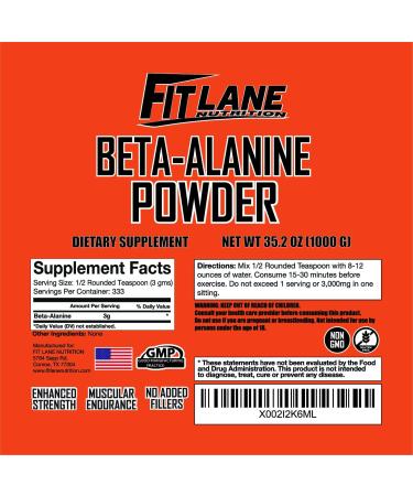 Fit Lane Nutrition Beta Alanine Powder 1000g (2.2 lbs) - 333 Servings, Unflavored Pre-Workout Supplement for Endurance - Value Size Bag - Buy Online on GoSupps.com