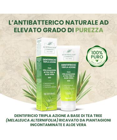 Triple action gel toothpaste with organic tea tree oil and aloe vera for daily oral hygiene. - Buy Online on GoSupps.com